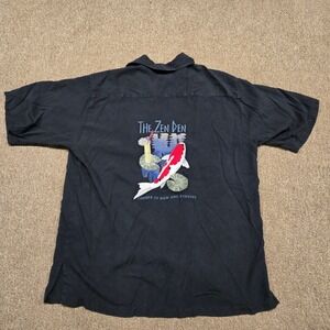 Tori Richard Hawaiian Shirt Mens L Black 100% Silk Zen Den Koi Fish Embroidered